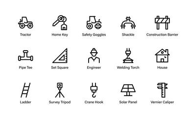 Engineering and construction tools icon set featuring vernier caliper, crane hook, solar panel, welding torch, and survey tripod for industrial design use.