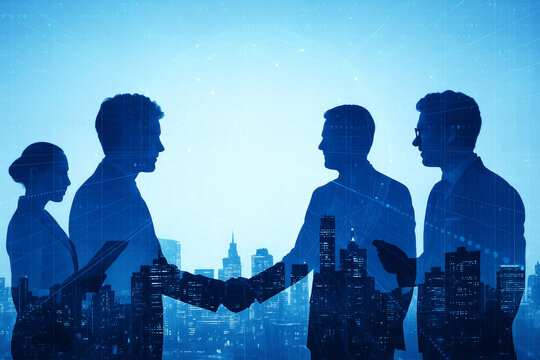 Business handshake silhouette with city skyline overlay and network connections 