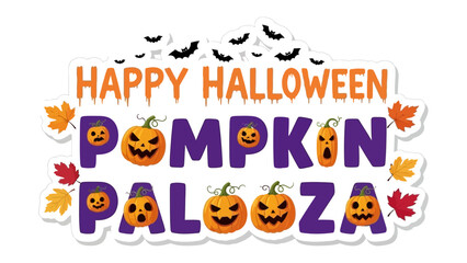 Happy Halloween Pumpkin Palooza: Vibrant Halloween banner featuring playful jack-o'-lanterns, festive autumn leaves, and spooky bats, inviting everyone to celebrate the spookiest night of the year.