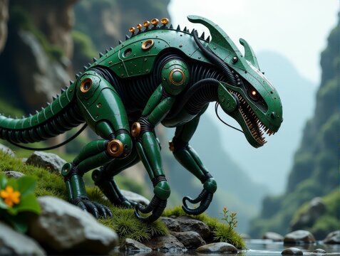 A robotic dinosaur stands in a lush outdoor environment, blending technology with nature.