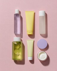 Naklejka premium Flat lay of skincare items cleanser toner moisturizer neatly arranged