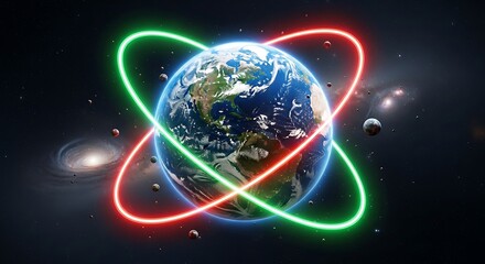 Obraz premium Earth in Neon Rings in Space.