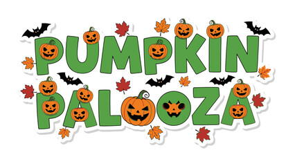 Pumpkin Palooza: a festive autumn graphic, full of spooky season celebration and decorative pumpkins, bat silhouette and fall leaves. 