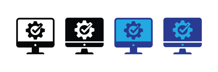 Computer monitor with gear and checkmark icon, representing settings, configuration, and successful operation, isolated on transparent background