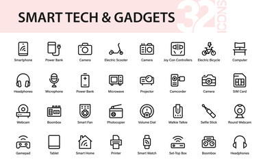 Modern Smart Tech and Gadget Icons – Devices, Electronics, Computers, Cameras, Smart Home, and Digital Accessories Vector Set