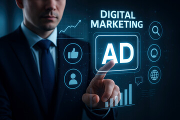 Businessman interacting with digital marketing interface featuring social media icons and analytics advertisement