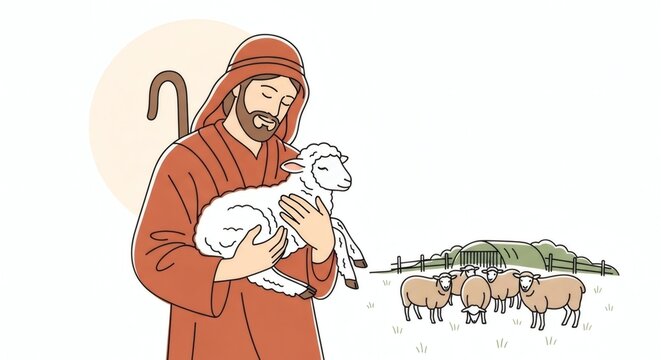 Minimalist Lost Sheep Parable Illustration, Shepherd Carrying Lamb Vector	