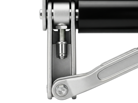Close-up of a heavy-duty mechanical pivot joint with a bolt on a transparent background