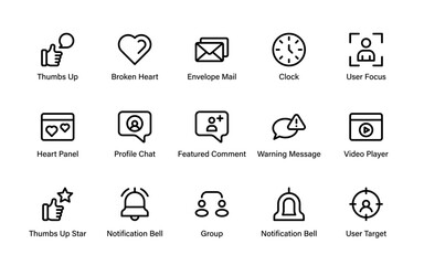 User engagement and notification icons featuring profiles, messages, alerts, social interactions, and media controls for digital projects.