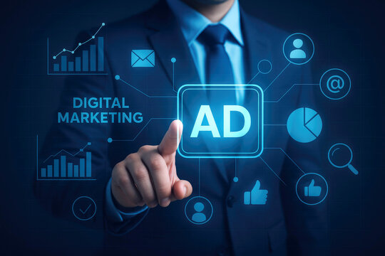 Businessman touching a digital screen displaying "AD"and digital marketing icons suit advertising