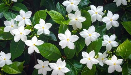 Beautiful White Jasmine Flowers Blooming in Green Garden.