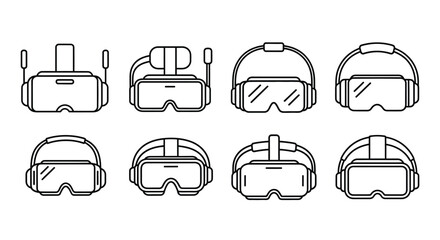 Collection of eight hand-drawn virtual reality headsets in diverse styles and designs vector