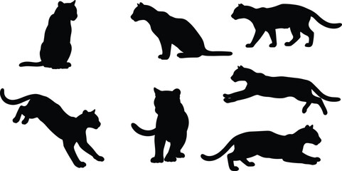 Black cat silhouettes collection, sitting walking running jumping feline poses, domestic pet animal vector set, minimalist design, cad drawing flat vector illustration