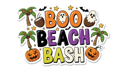 Spooky Beach Bash: A playful and colorful illustration captures the festive spirit of a Halloween beach party, complete with ghostly figures, pumpkins, and palm trees.