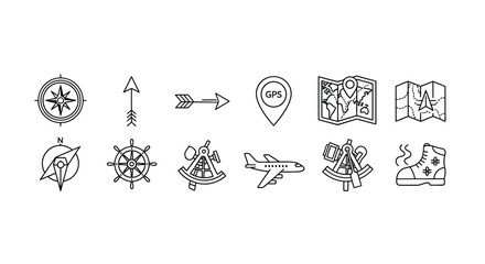 Hand-drawn travel and navigation icons set for creative projects and adventures vector