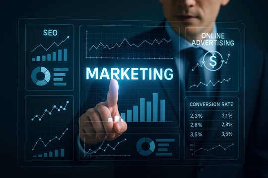 Businessman touching a digital screen displaying marketing charts and data with glowing text digital marketing