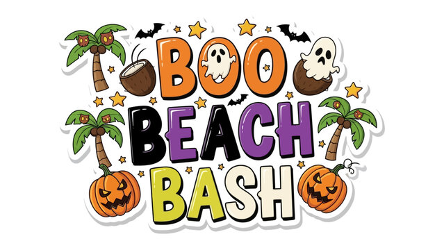 Spooky Beach Bash: A playful and colorful illustration captures the festive spirit of a Halloween beach party, complete with ghostly figures, pumpkins, and palm trees.