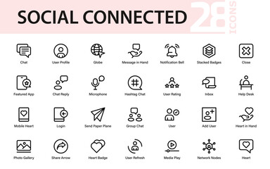Modern UI icon set featuring user profiles, chat, notifications, social engagement, media sharing, and support interaction elements.