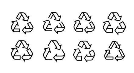 Set of eight hand drawn recycling symbols featuring arrows in a continuous loop vector
