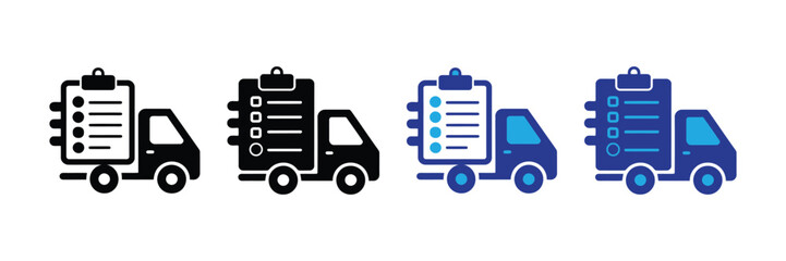 Set of four delivery truck icons with clipboard and checklist, isolated on transparent background
