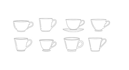 Collection of hand drawn coffee tea cups and mugs with saucers artistic sketch style vector