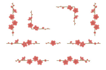 紅梅のライン素材セット｜梅の花の飾り罫, 和風デザイン, 春の装飾, 年賀状, 正月, 和柄, ベクター, 梅の枝ライン, 背景透過, 枠飾り
