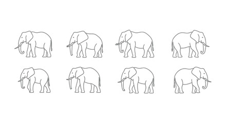 Eight stylized line drawings of elephants in various poses and angles vector