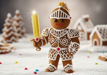 A gingerbread knight in armor holding a golden sword stands in a snowy landscape with gingerbread houses and trees