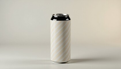 Tall aluminum can with a striped design on a light gray background
