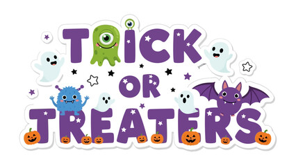 Festive Halloween Banner: A whimsical Halloween banner design showcasing a friendly monster with the phrase Trick or Treaters, complemented by cheerful ghosts, pumpkins, and a playful bat.