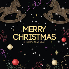 Fototapeta premium Merry Christmas and Happy New Year banner with wooden rocking horses. Modern Xmas poster black background, vector illustration. 