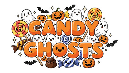 Whimsical Candy Ghosts: A vibrant illustration of candy and ghosts set against a backdrop of halloween with the words Candy Ghosts displayed, evoking a festive feeling. 