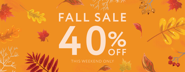 Autumn Sale web banner, poster or flyer design with bright beautiful leaves frame and text fall for it 40 percent off. Template for advertising, web, social and fashion ads. Vector illustration