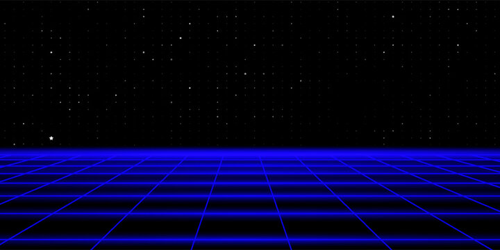 Pixel art background.8 bit game.retro game. for game assets in vector illustrations.Retro Futurism Sci-Fi Background. glowing neon grid.and stars from vintage arcade comp
