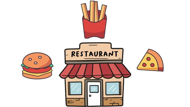 A vibrant cartoon illustration set of fast food icons including a hot dog and french fries, burger, and drink for a restaurant menu design or meal theme