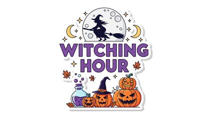 Witching Hour: A whimsical and spellbinding illustration captures the spirit of Halloween, featuring a silhouette of a witch on a broom against a full moon.
