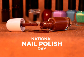 National Nail Polish Day poster stock photo images. Bottle with spilled nail polish stock photo. Template for background, banner, card. 1 June. Important day