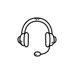 Isolated Black and White Headset Doodle Icon on Transparent Background for Customer Service