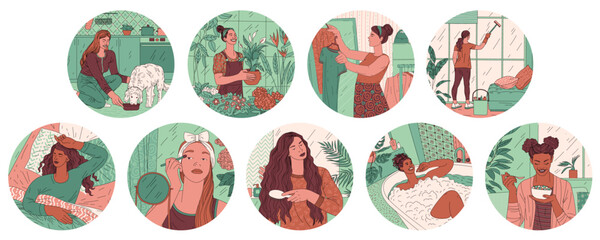 Variety of women are doing home activities. Feeding the dog, caring for houseplants, choosing dress, washing windows, sleeping, applying makeup, combing hair, taking bath, and eating salad.