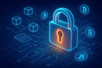 Digital padlock with Bitcoin and blockchain symbols on a circuit board background digital security cryptocurrency