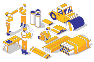 Isometric Construction Site with Yellow Machinery and Workers Against Transparent Backdrop