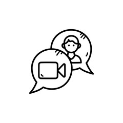 Online Meeting Doodle Icon with Camera and Person in Speech Bubbles Outline