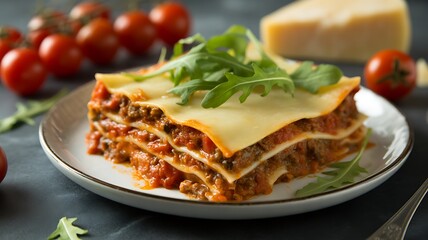 Delicious lasagna with meat sauce, cheese and arugula on a plate