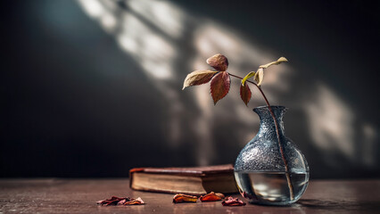 Einsame Widerstandsf&auml;higkeit: Rosenzweig in Glas-Vase auf verwittertem Sims