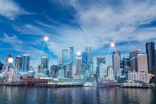 Seattle city skyline with data analytics graph overlay representing futuristic business concept in American urban environment on sunny day.
