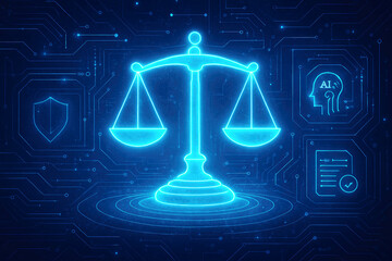 Digital scales of justice with AI and security icons on a blue circuit board background legal