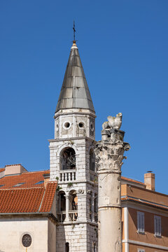 Pillar of Shame (Stup srama) on Roman Forum and tower of orthodox Church of St. Elijah, Zadar, Croatia