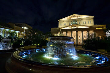 View of the Bolshoi Theatre in Moscow on a warm autumn evening.