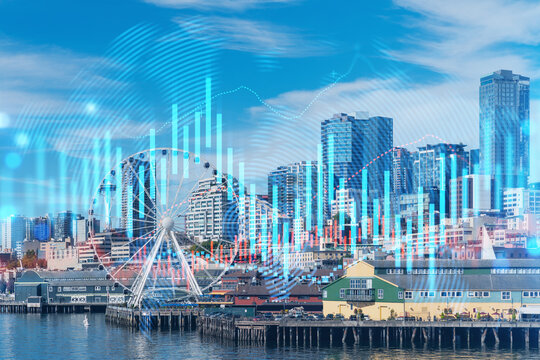 Seattle waterfront skyline with digital financial data overlay representing economic growth concept in American cityscape on sunny day.