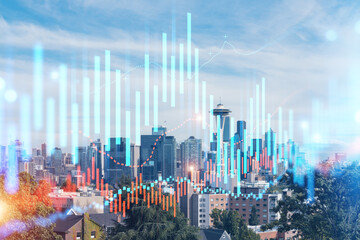Financial data chart overlay on Seattle skyline with Space Needle and modern buildings under blue sky, representing American economy concept.
